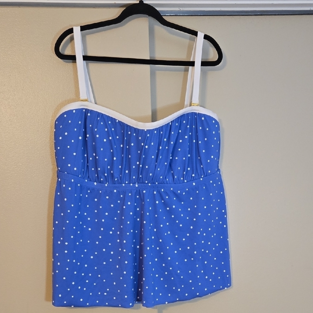 Kim Rogers Hi Lo Bandini Blue Polka Dot Swim Tankini Top Size 20W New